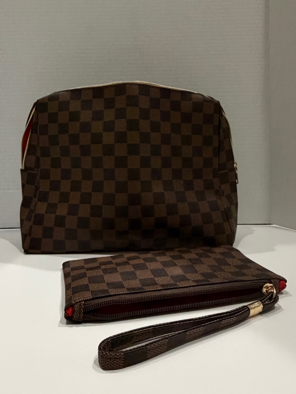Brown Checkered Travel Pouch and Wristlet Set